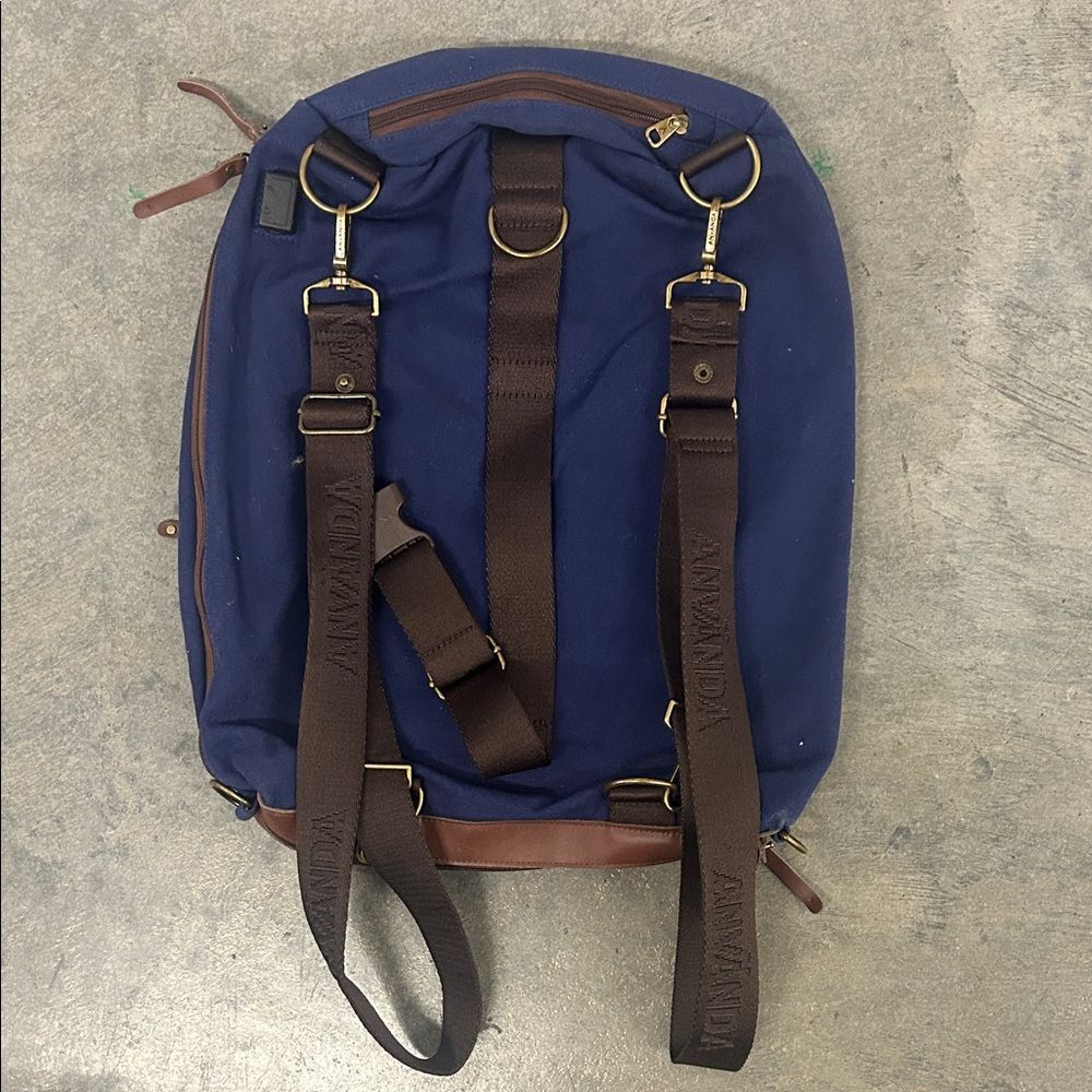 Men's Navy Canvas Backpack with Brown Leather Trim - Travel & Work - Picture 2 of 3